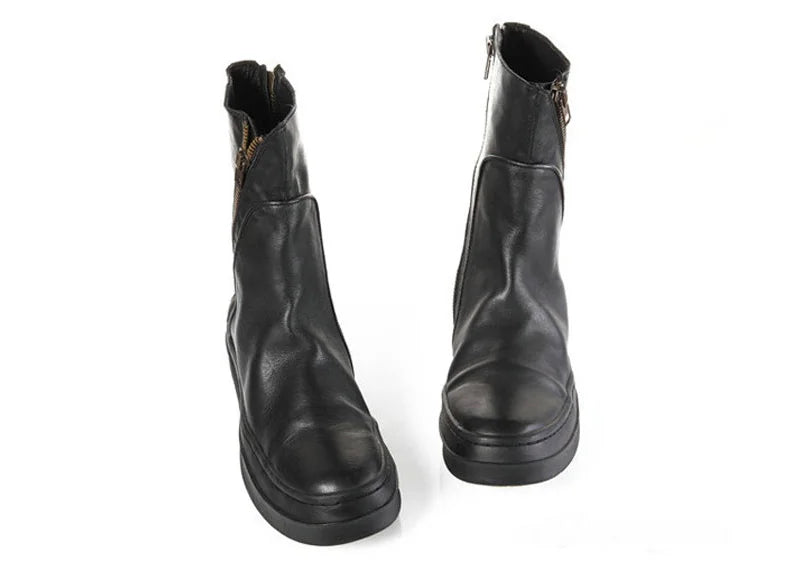 KOOPER™ Vintage British Genuine Leather Biker Boots – Winter Mid Heel Motorcycle Style