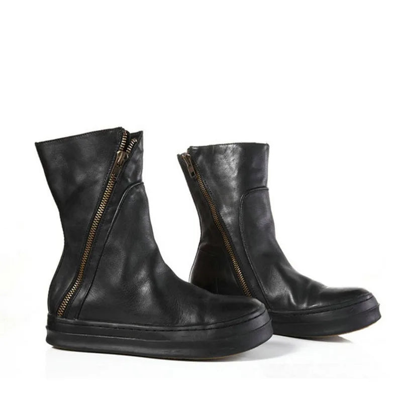KOOPER™ Vintage British Genuine Leather Biker Boots – Winter Mid Heel Motorcycle Style