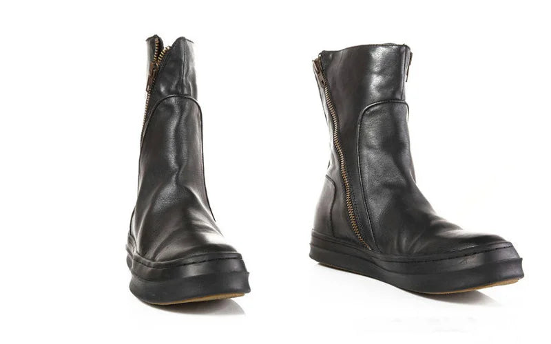 KOOPER™ Vintage British Genuine Leather Biker Boots – Winter Mid Heel Motorcycle Style