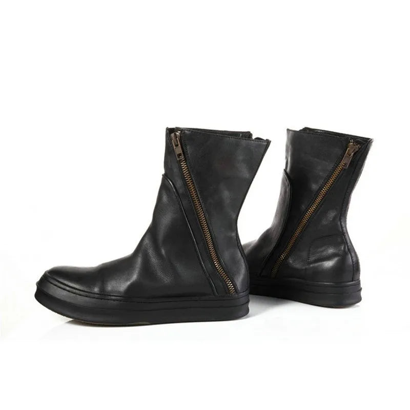 KOOPER™ Vintage British Genuine Leather Biker Boots – Winter Mid Heel Motorcycle Style