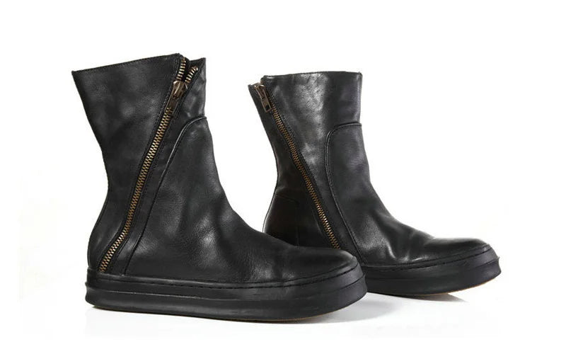 KOOPER™ Vintage British Genuine Leather Biker Boots – Winter Mid Heel Motorcycle Style