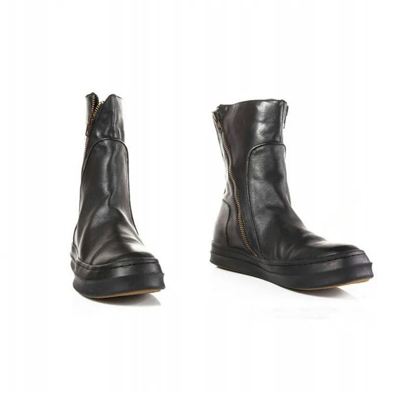 KOOPER™ Vintage British Genuine Leather Biker Boots – Winter Mid Heel Motorcycle Style