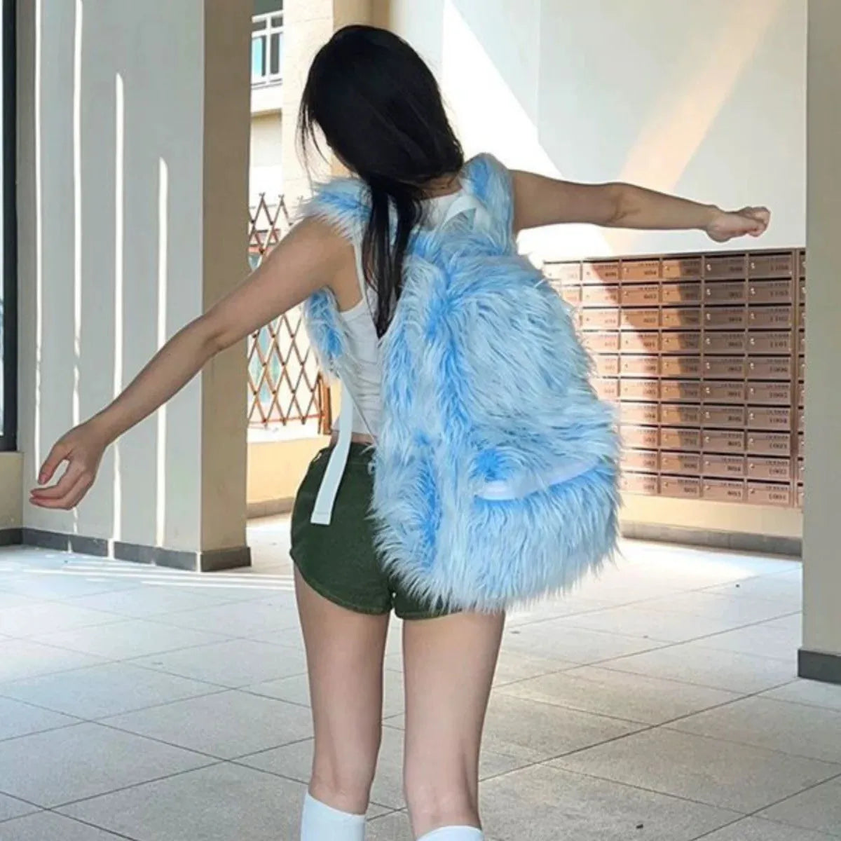 KOOPER™ Ice Blue & Pink Faux Fur Backpack – Kawaii Fluffy School & Travel Bag