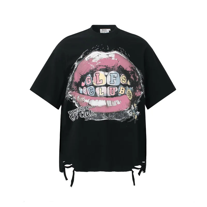 KOOPER™ Ripped Graffiti Y2K Tee – High Street Painted Loose-Fit T-Shirt