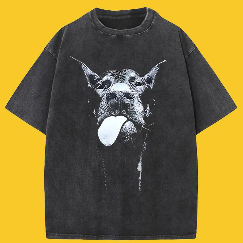 KOOPER™ Gothic Dog Print Tee – Vintage Washed Oversized Hip Hop Streetwear