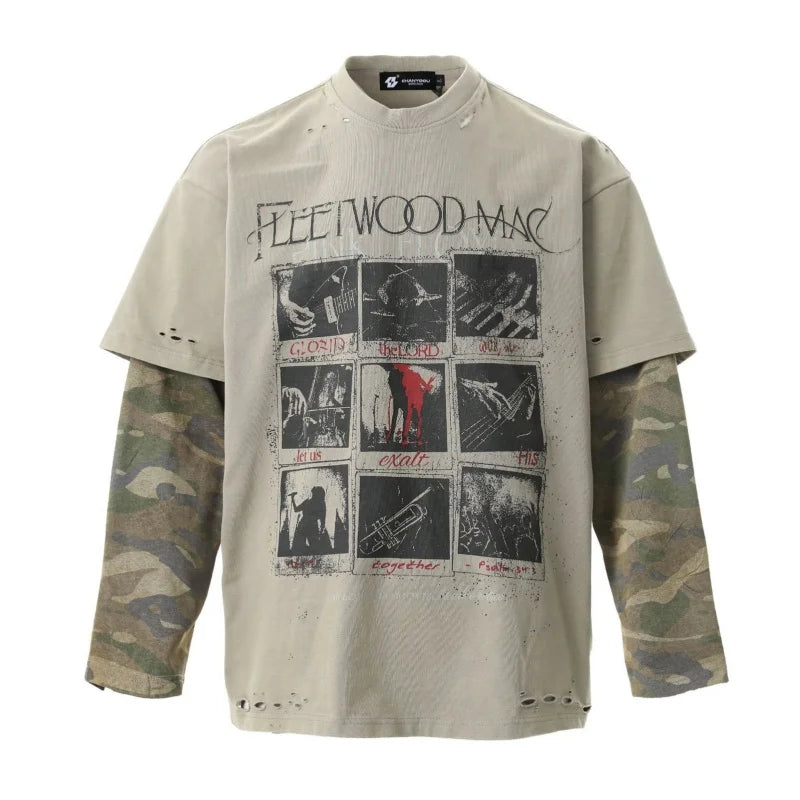KOOPER™ Luxury Retro Rock Graffiti Shirt – Fake Two-Piece Camouflage Long Sleeve Tee
