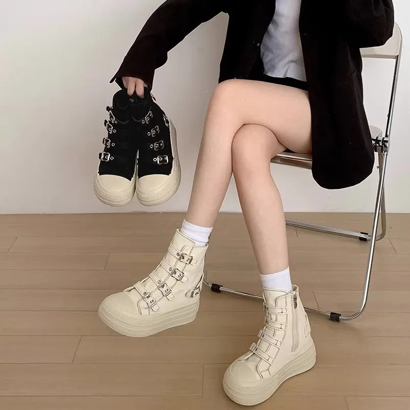KOOPER™ Women’s High-Top Canvas Boots – Buckle Strap & Side Zip Streetwear