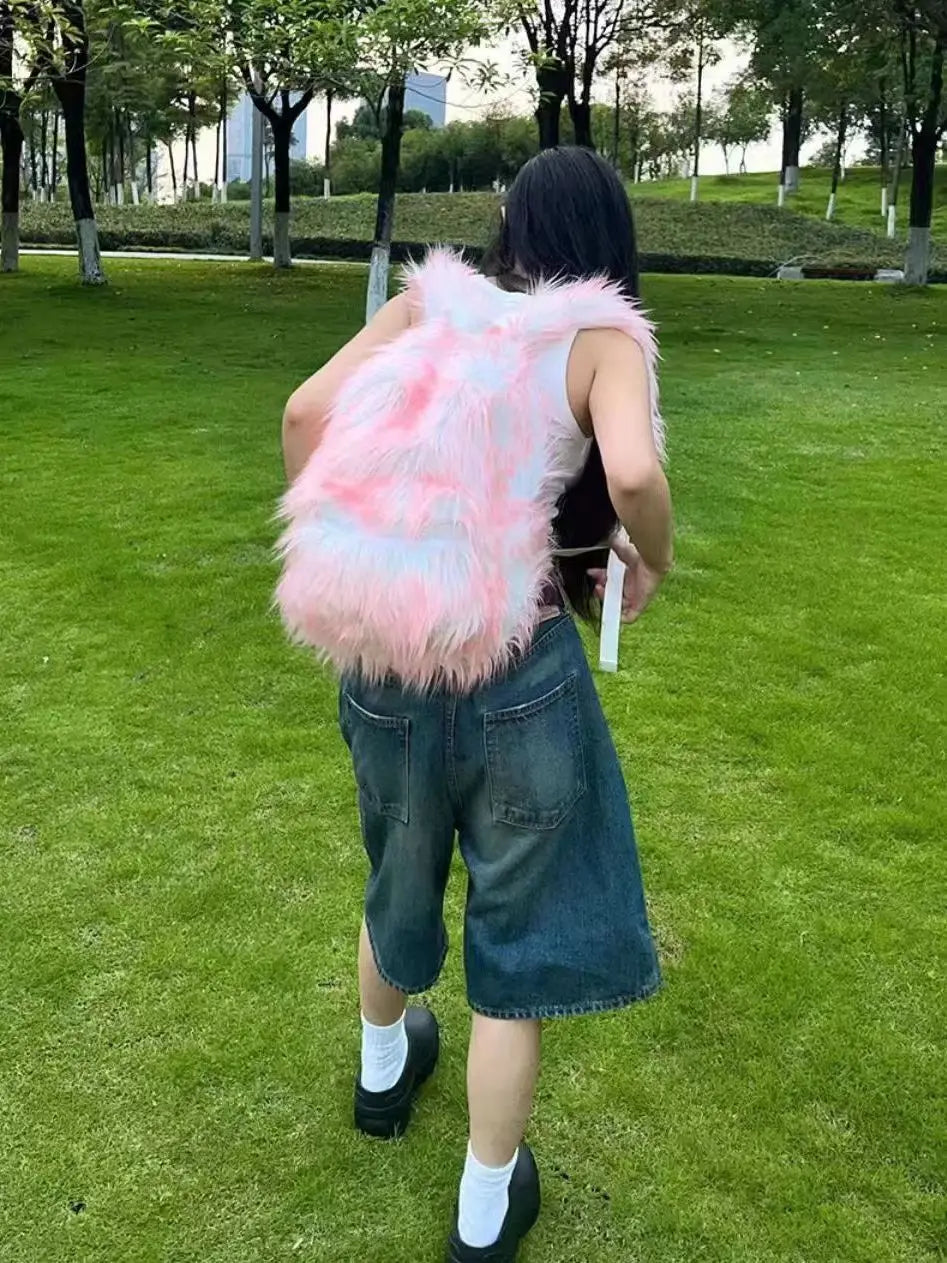 KOOPER™ Ice Blue & Pink Faux Fur Backpack – Kawaii Fluffy School & Travel Bag