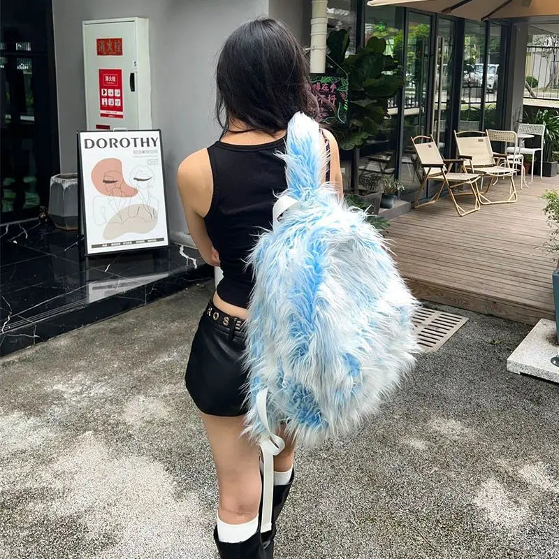 KOOPER™ Ice Blue & Pink Faux Fur Backpack – Kawaii Fluffy School & Travel Bag