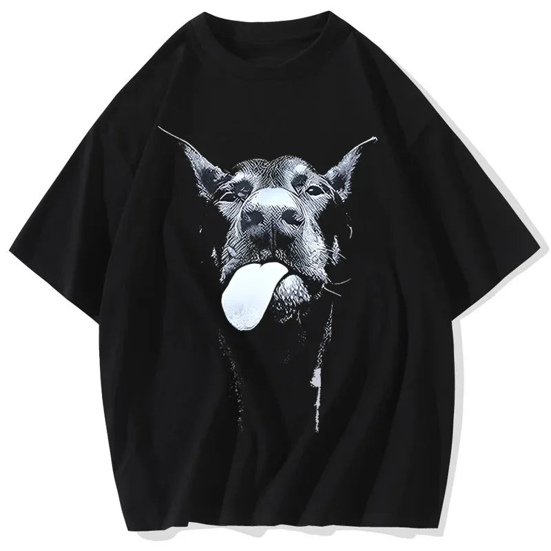KOOPER™ Gothic Dog Print Tee – Vintage Washed Oversized Hip Hop Streetwear