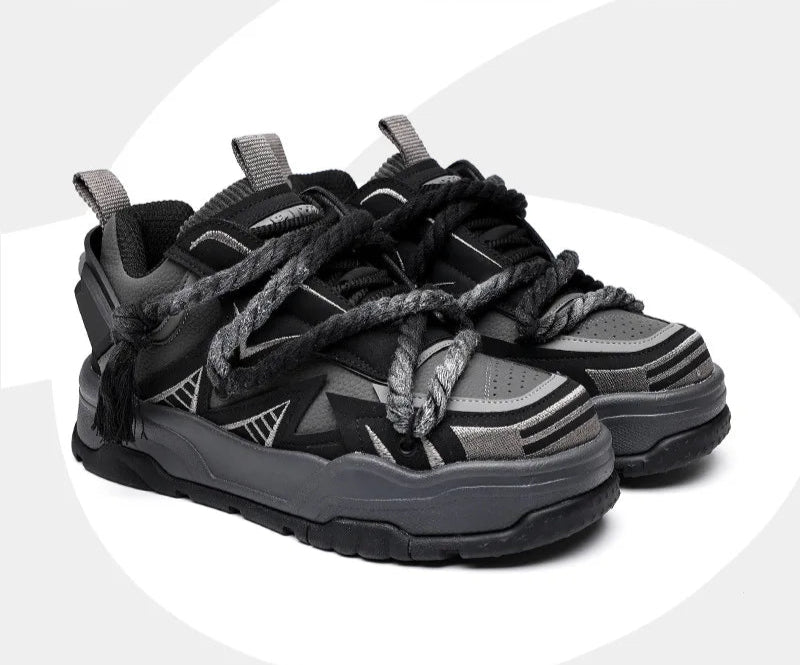 KOOPER™ Carbon Y2K Black Punk Skate Sneakers – Unisex Cowhide & Polyester Streetwear