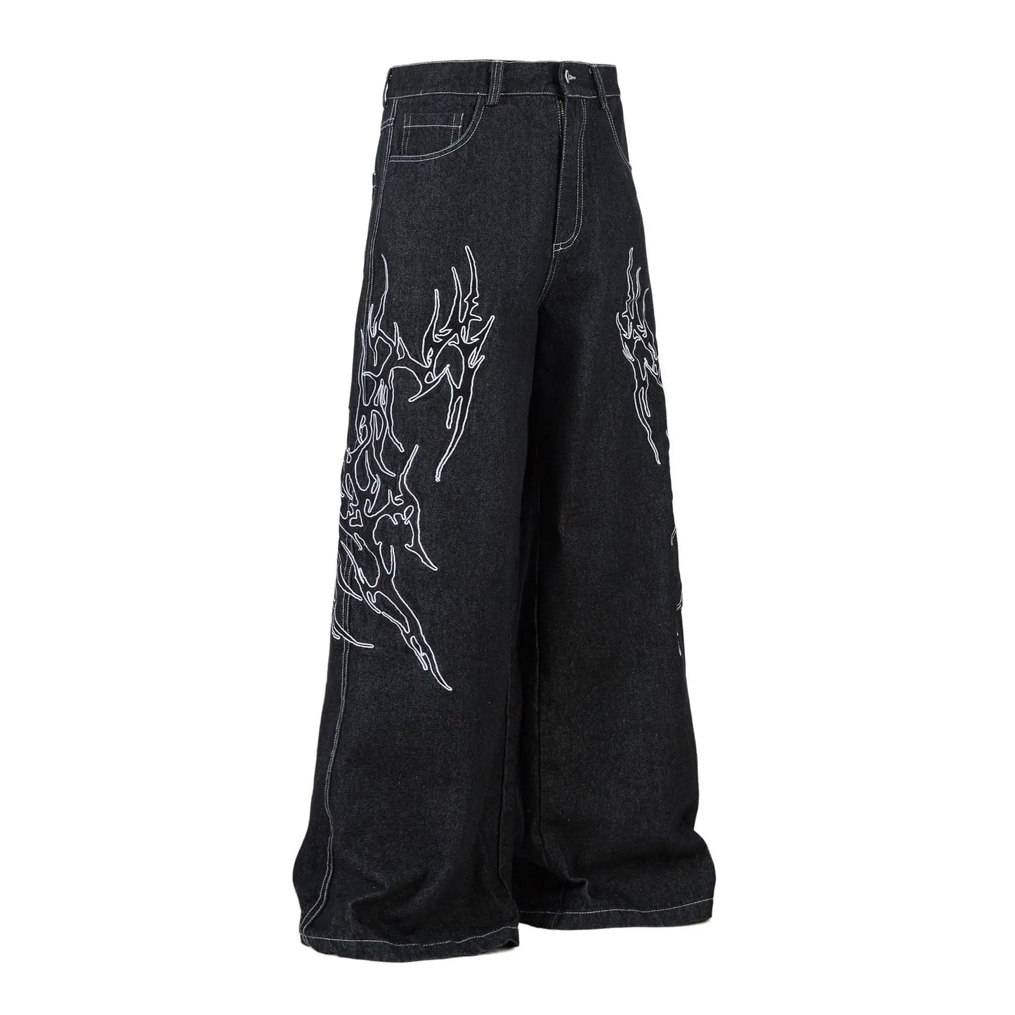 KOOPER™ Vintage Embroidered Black Jeans – Loose Fit Wide Leg Streetwear