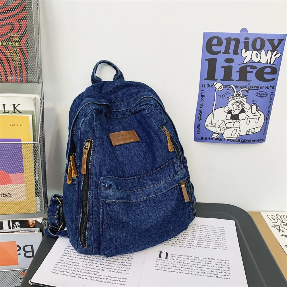 KOOPER™ Denim School Backpack – Trendy Multi-Pocket Large-Capacity Jeans Bag