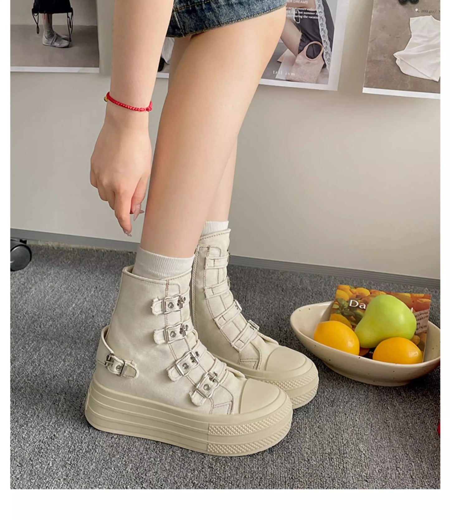 KOOPER™ Women’s High-Top Canvas Boots – Buckle Strap & Side Zip Streetwear