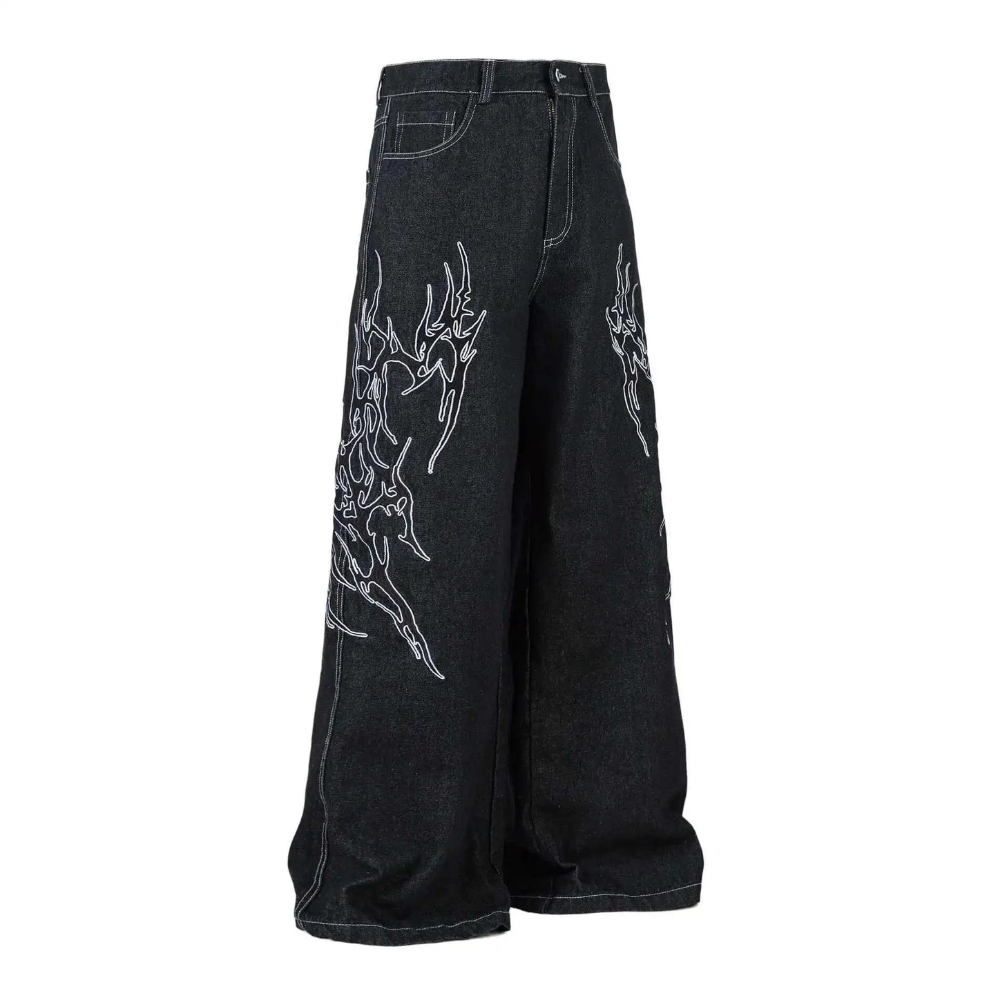KOOPER™ Vintage Embroidered Black Jeans – Loose Fit Wide Leg Streetwear