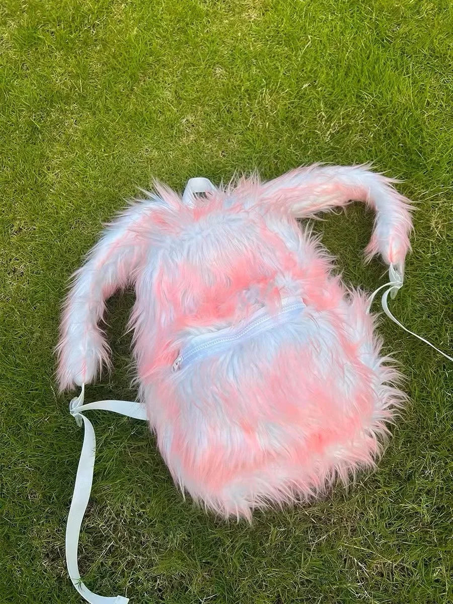 KOOPER™ Ice Blue & Pink Faux Fur Backpack – Kawaii Fluffy School & Travel Bag