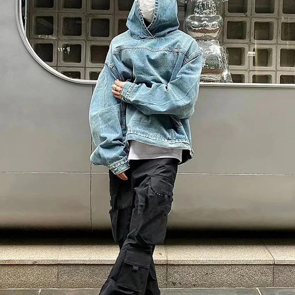 KOOPER™ Washed Denim Hoodie – Unisex Retro Streetwear Sweatshirt