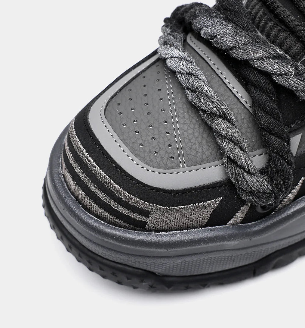 KOOPER™ Carbon Y2K Black Punk Skate Sneakers – Unisex Cowhide & Polyester Streetwear