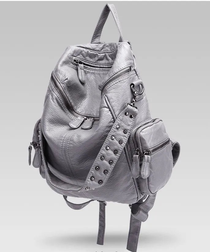 KOOPER™ Sheepskin Rivet Backpack – Korean Style Large-Capacity Leather Bookbag