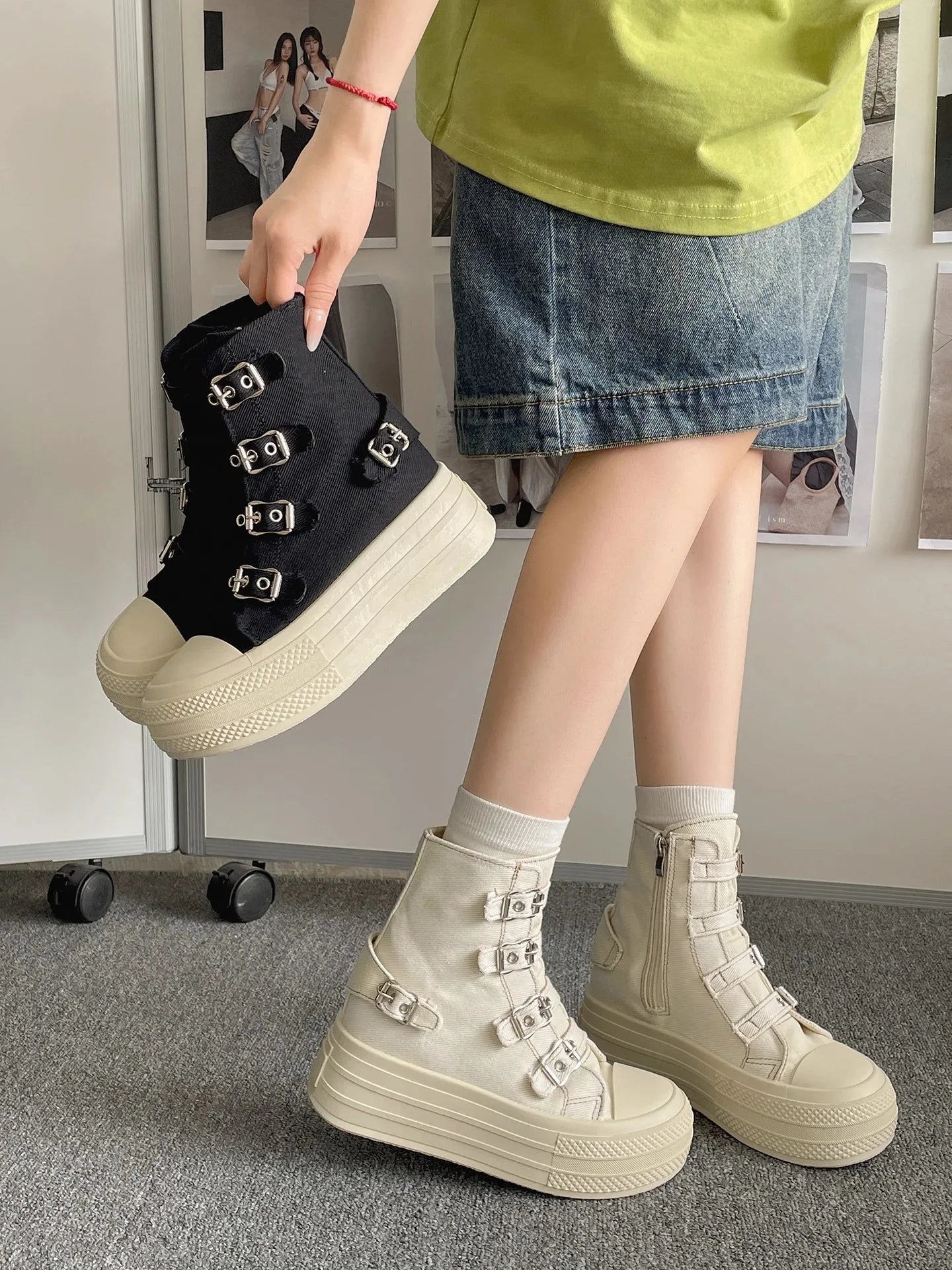 KOOPER™ Women’s High-Top Canvas Boots – Buckle Strap & Side Zip Streetwear