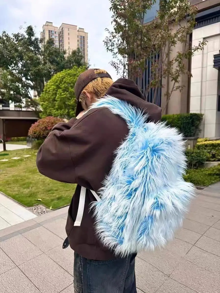 KOOPER™ Ice Blue & Pink Faux Fur Backpack – Kawaii Fluffy School & Travel Bag