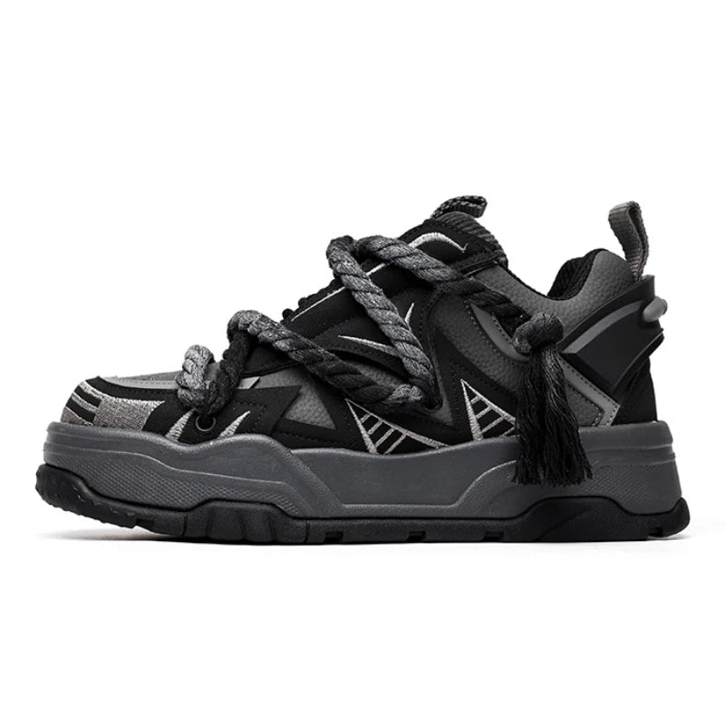 KOOPER™ Carbon Y2K Black Punk Skate Sneakers – Unisex Cowhide & Polyester Streetwear