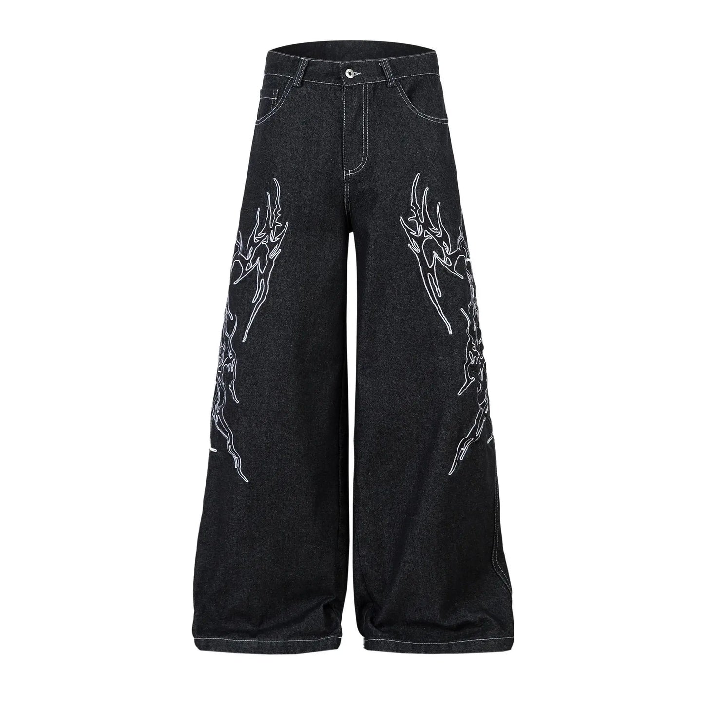 KOOPER™ Vintage Embroidered Black Jeans – Loose Fit Wide Leg Streetwear