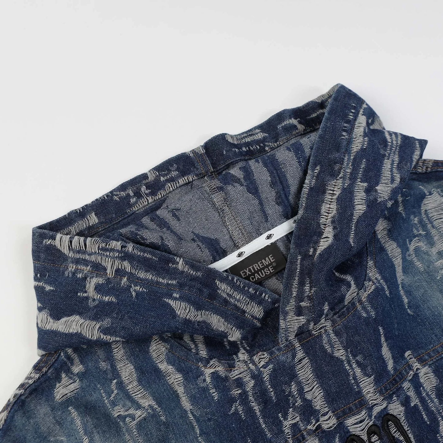KOOPER™ Ripped Denim Hoodie – American Letter Embroidery High Street Unisex Sweatshirt