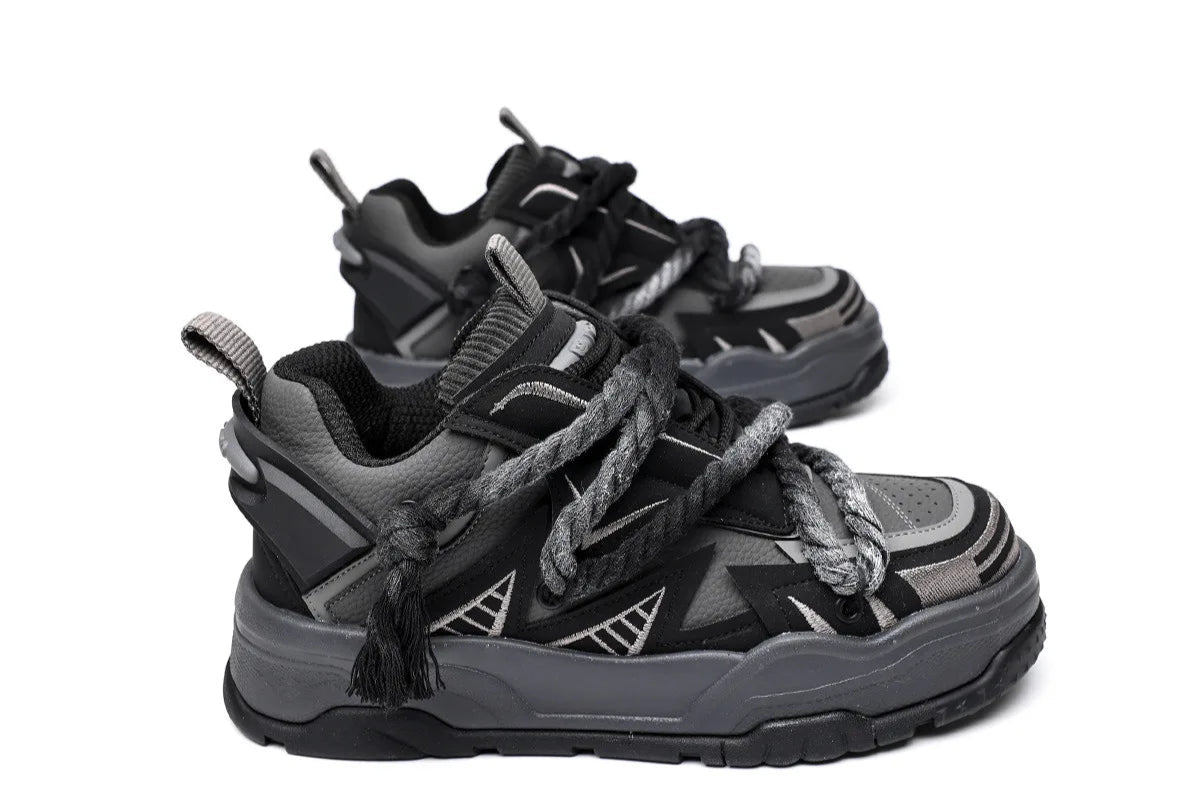 KOOPER™ Carbon Y2K Black Punk Skate Sneakers – Unisex Cowhide & Polyester Streetwear