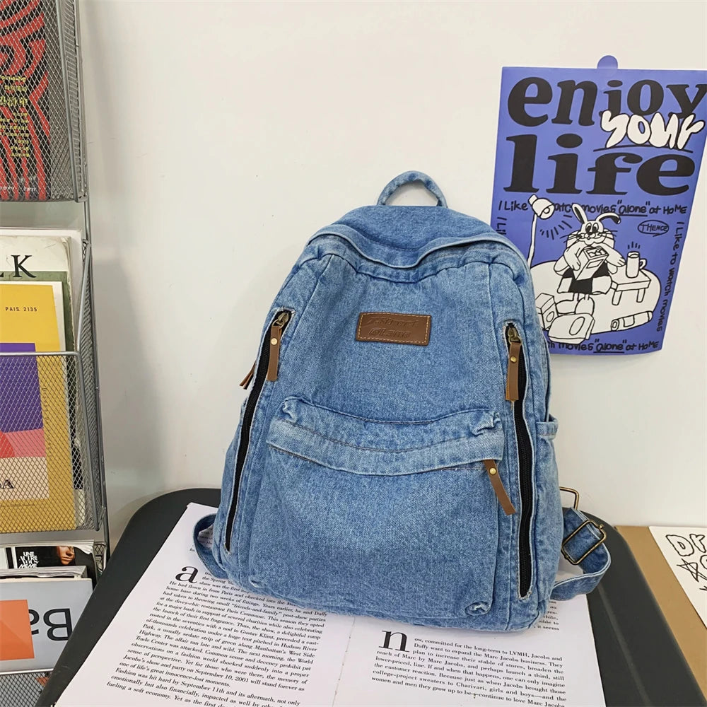 KOOPER™ Denim School Backpack – Trendy Multi-Pocket Large-Capacity Jeans Bag