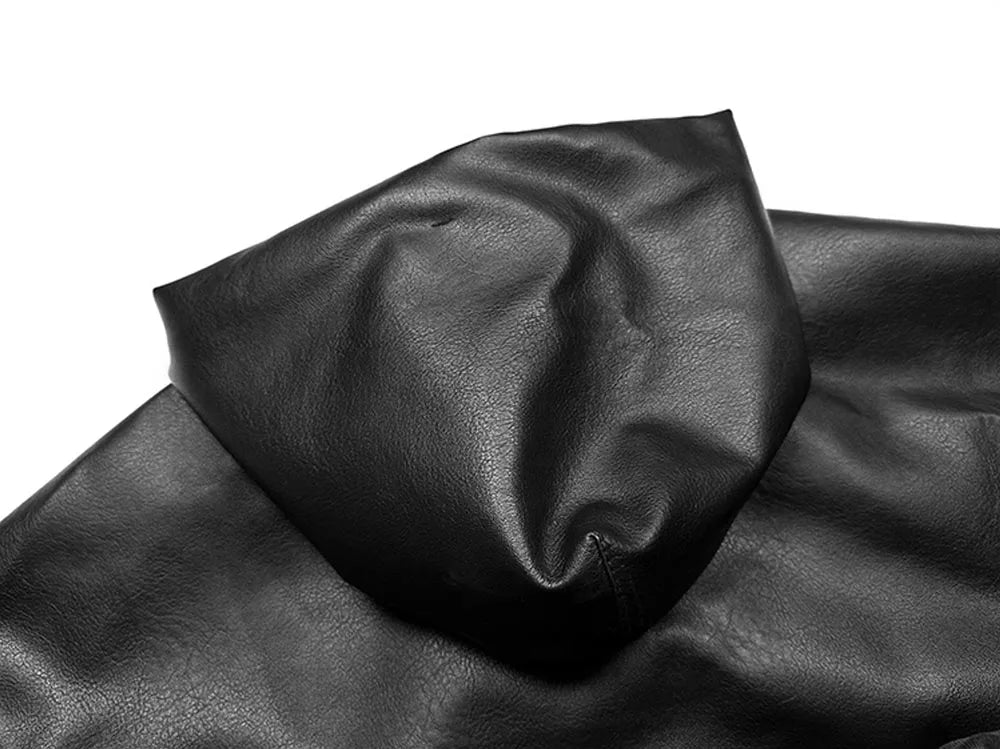 KOOPER™ High Street Black PU Leather Windbreaker – Oversized Unisex Hooded Jacket