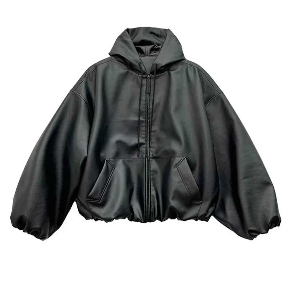 KOOPER™ High Street Black PU Leather Windbreaker – Oversized Unisex Hooded Jacket
