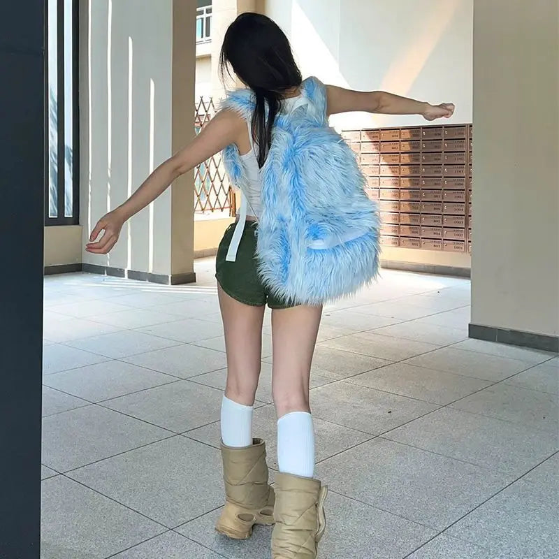 KOOPER™ Ice Blue & Pink Faux Fur Backpack – Kawaii Fluffy School & Travel Bag