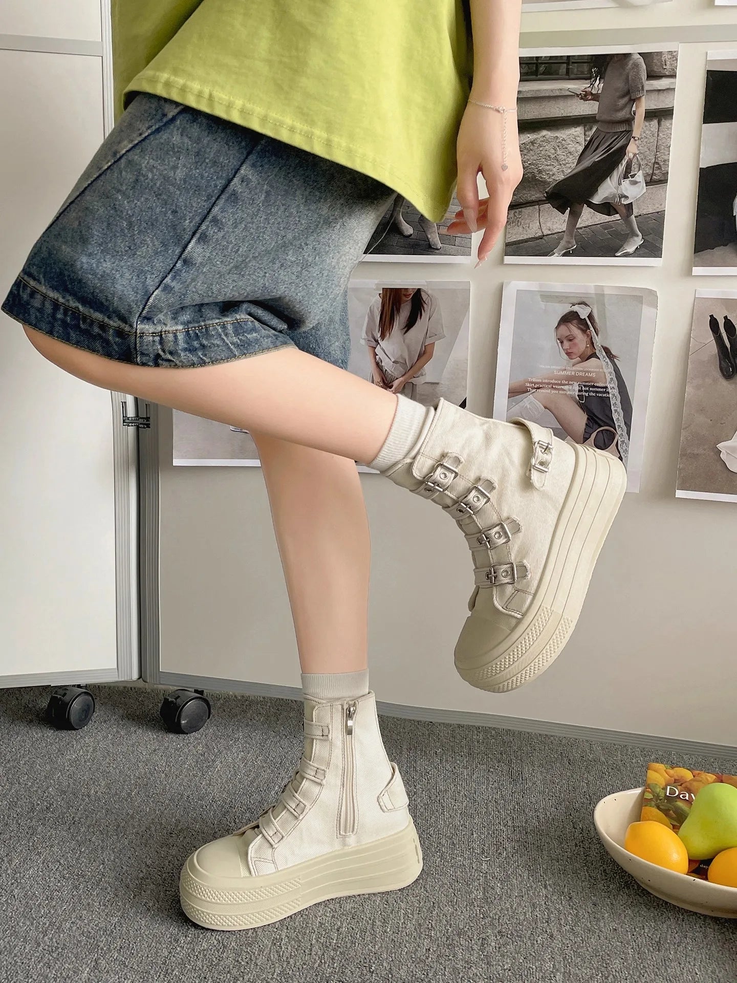 KOOPER™ Women’s High-Top Canvas Boots – Buckle Strap & Side Zip Streetwear