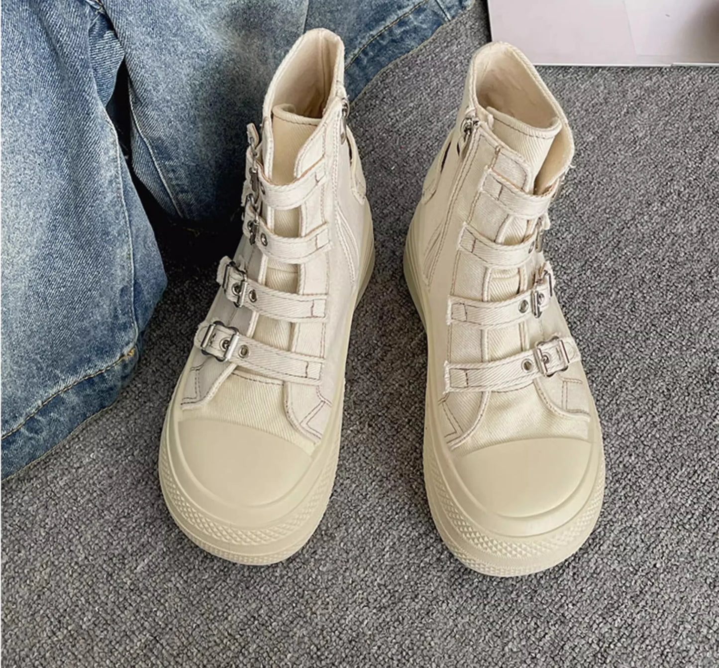 KOOPER™ Women’s High-Top Canvas Boots – Buckle Strap & Side Zip Streetwear
