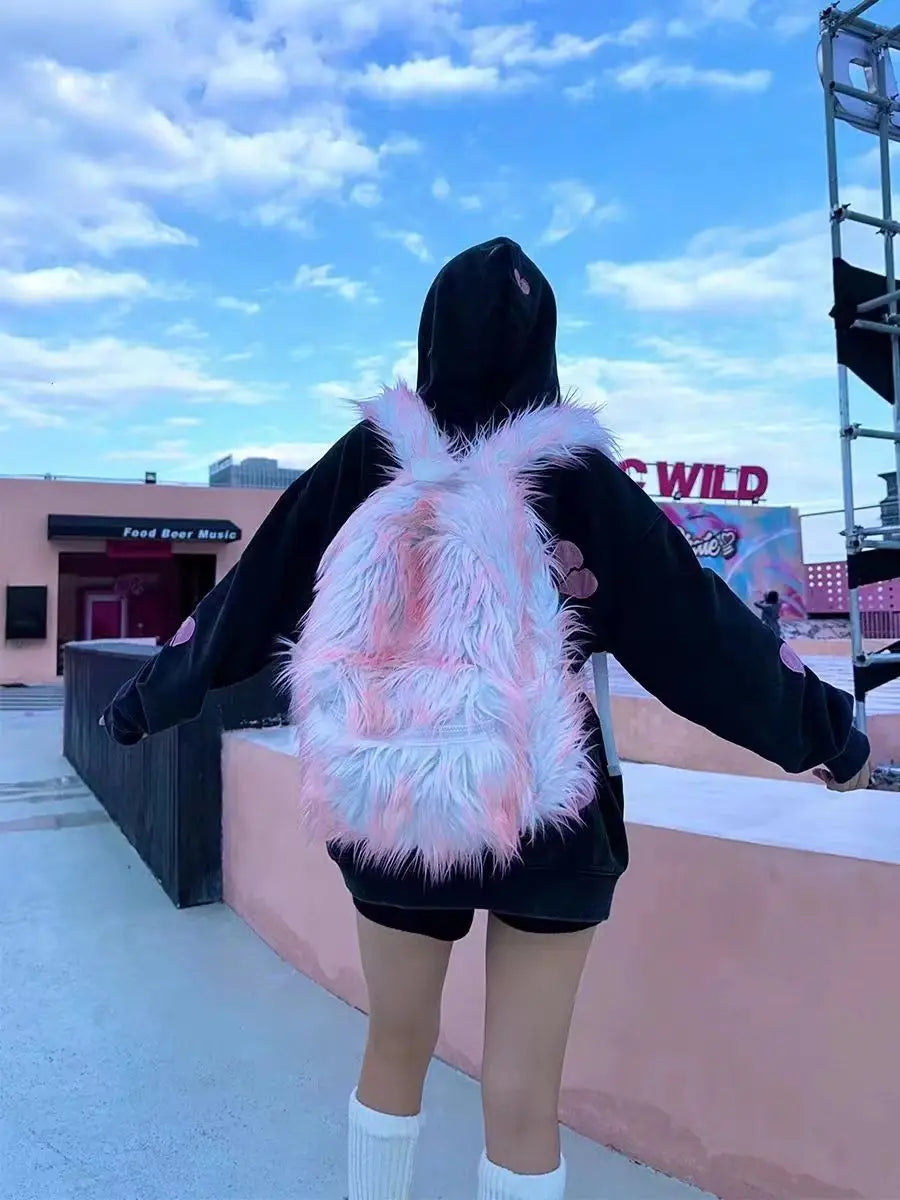KOOPER™ Ice Blue & Pink Faux Fur Backpack – Kawaii Fluffy School & Travel Bag