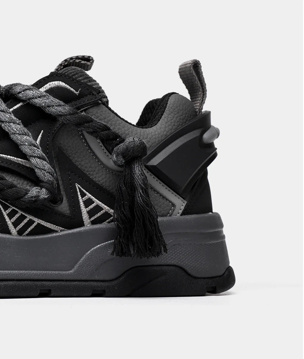 KOOPER™ Carbon Y2K Black Punk Skate Sneakers – Unisex Cowhide & Polyester Streetwear
