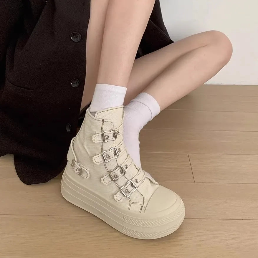 KOOPER™ Women’s High-Top Canvas Boots – Buckle Strap & Side Zip Streetwear
