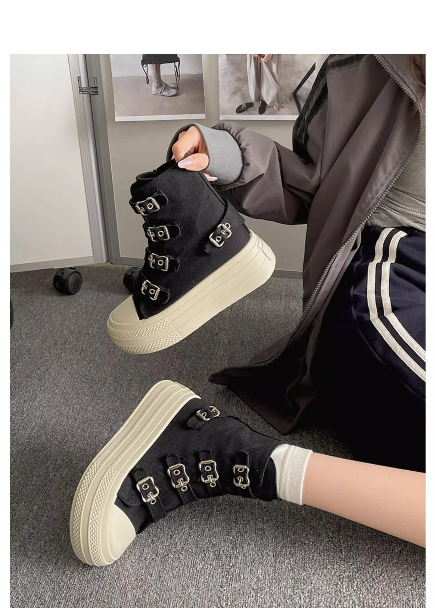 KOOPER™ Women’s High-Top Canvas Boots – Buckle Strap & Side Zip Streetwear