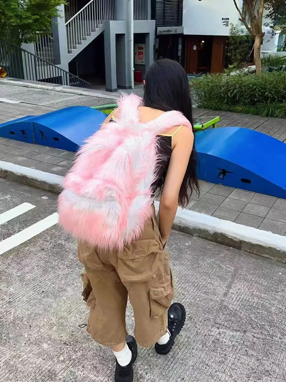 KOOPER™ Ice Blue & Pink Faux Fur Backpack – Kawaii Fluffy School & Travel Bag
