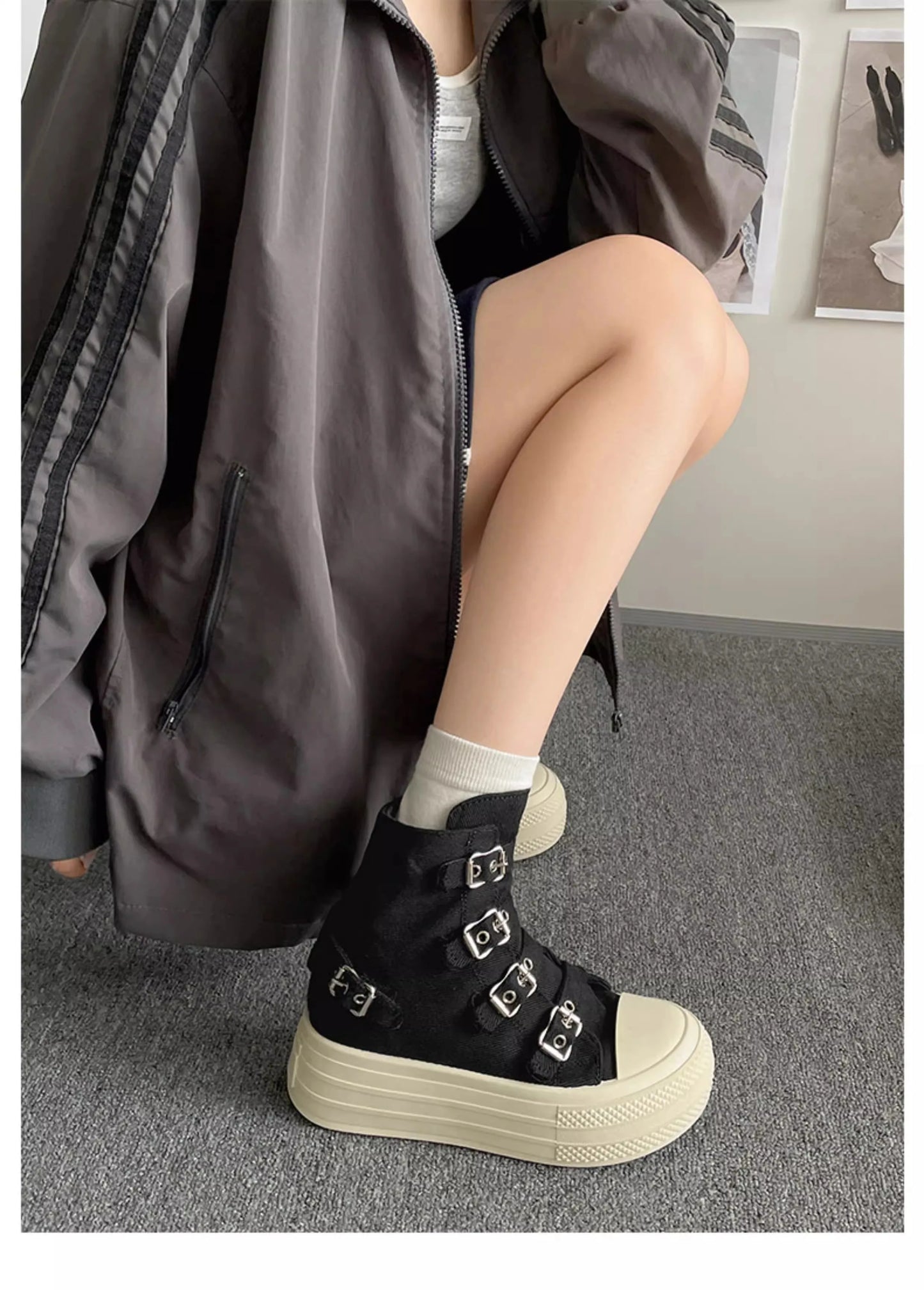 KOOPER™ Women’s High-Top Canvas Boots – Buckle Strap & Side Zip Streetwear