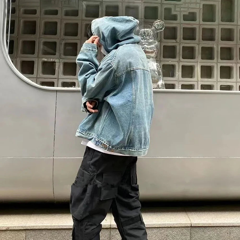 KOOPER™ Washed Denim Hoodie – Unisex Retro Streetwear Sweatshirt