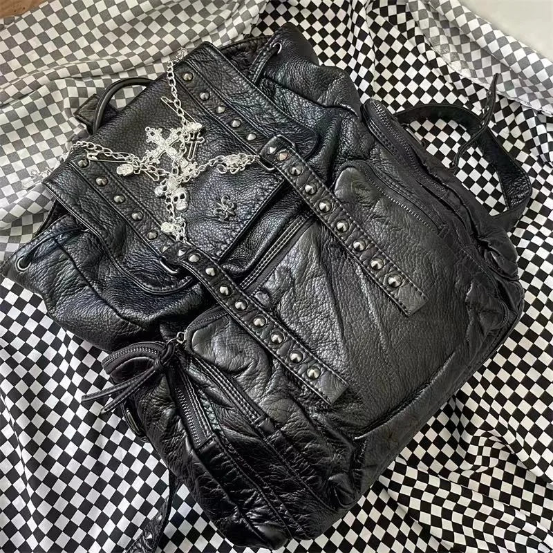KOOPER™ Original Punk Skull Chain Backpack – Soft Leather Gothic School & Streetwear Bag