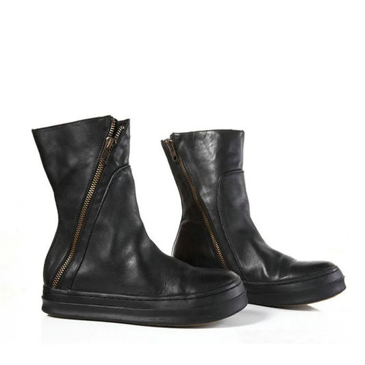 KOOPER™ Vintage British Genuine Leather Biker Boots – Winter Mid Heel Motorcycle Style