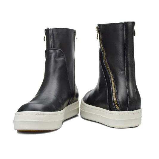 KOOPER™ Vintage British Genuine Leather Biker Boots – Winter Mid Heel Motorcycle Style