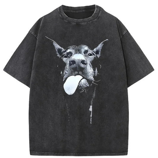 KOOPER™ Gothic Dog Print Tee – Vintage Washed Oversized Hip Hop Streetwear
