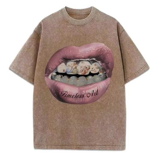 KOOPER™ Seductive Lips Print Tee – Oversized Washed Cotton Hip Hop Style
