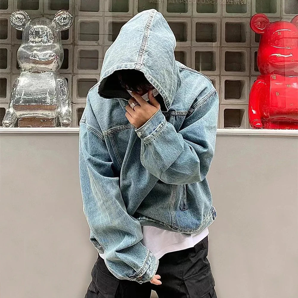KOOPER™ Washed Denim Hoodie – Unisex Retro Streetwear Sweatshirt