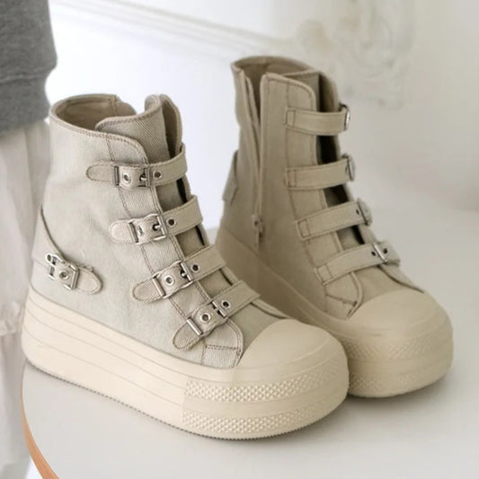KOOPER™ Women’s High-Top Canvas Boots – Buckle Strap & Side Zip Streetwear