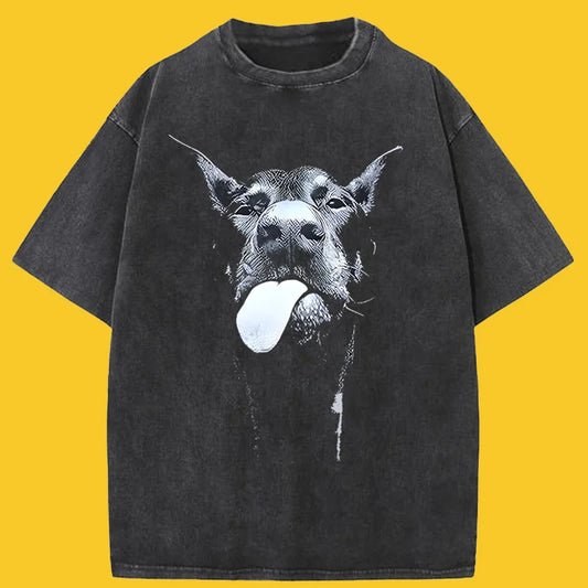 KOOPER™ Gothic Dog Print Tee – Vintage Washed Oversized Hip Hop Streetwear